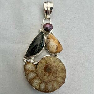 sterling silver,Ammonite,rutilated quartz,breciated mooakite and pearl pendant